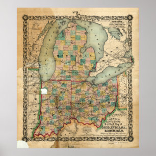 Karta i Ohio, Indiana och Michigan (1859) Poster