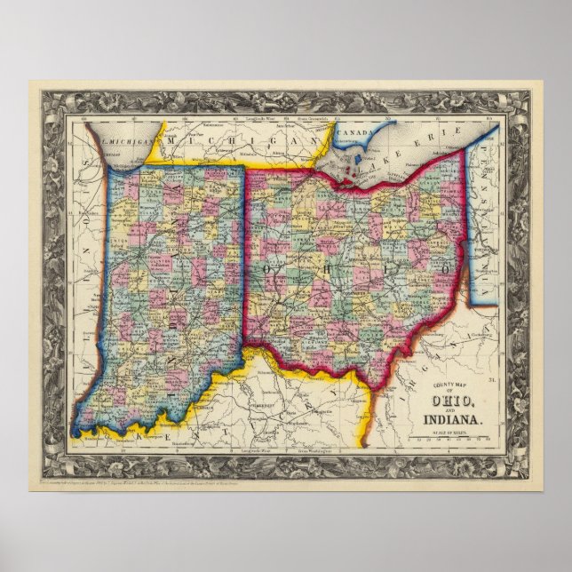 Karta i Ohio och Indiana Poster (Framsidan)