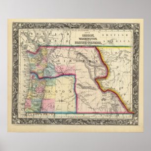 Karta i Oregon, Washington Poster