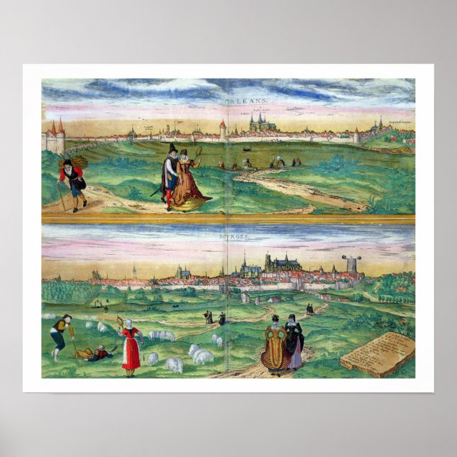 Karta i Orleans och Bourges, från Civitates Orbis Poster (Framsidan)