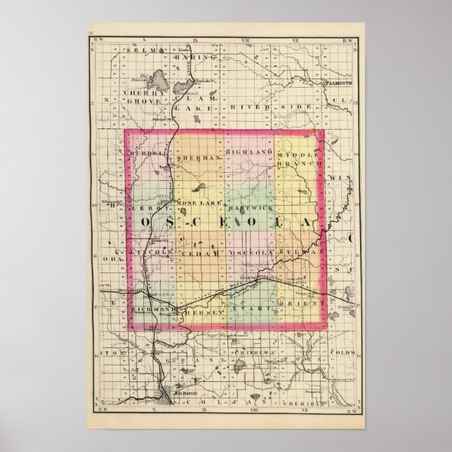 Karta i Osceola County, Michigan Poster (Framsidan)