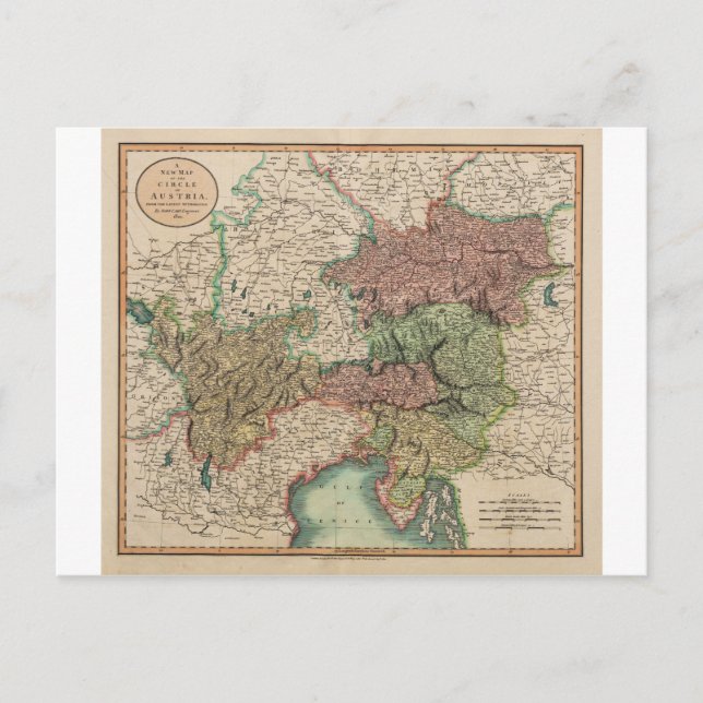 Karta i Österrikes cirkel 1801 av John Cary Vykort (Framsida)