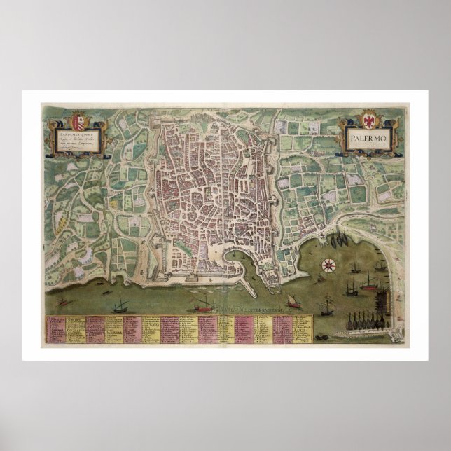 Karta i Palermo, från "Civitates Orbis Terrarum" a Poster (Framsidan)