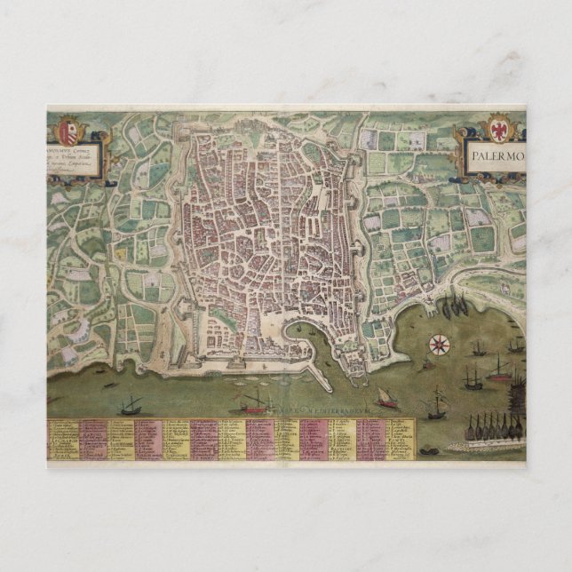 Karta i Palermo, från "Civitates Orbis Terrarum" a Vykort (Framsida)