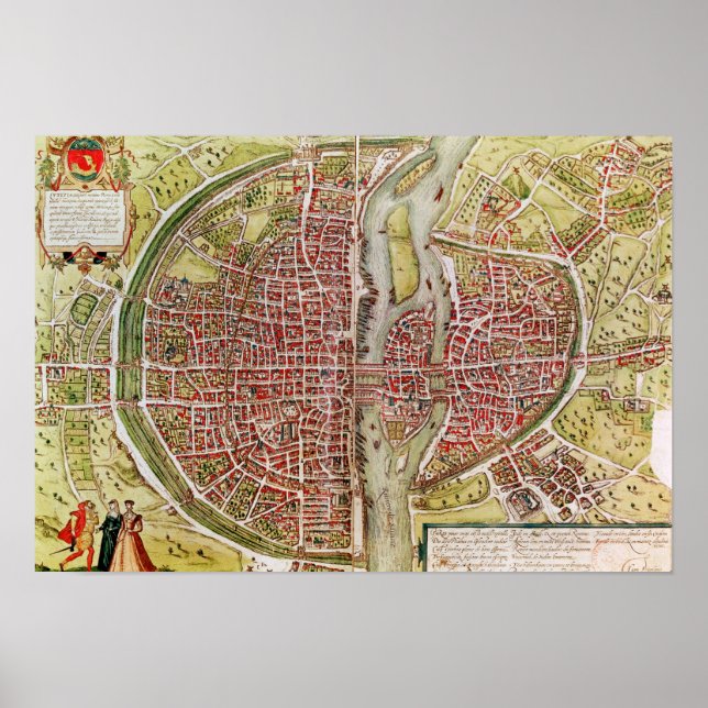 Karta i Paris från Civitates orbis terrarrum Poster (Framsidan)