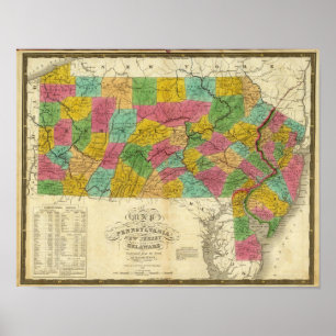Karta i Pennsylvania, New jersey och Delaware Poster
