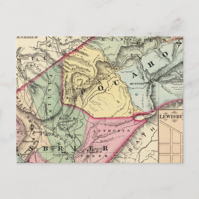 Karta i Pocohontas, grevskapen Greenbrier Vykort (Framsida)