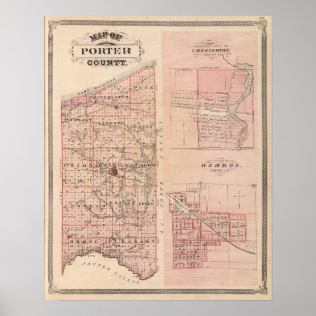 Karta i Porter County med Chesterton, Hebron Poster (Framsidan)