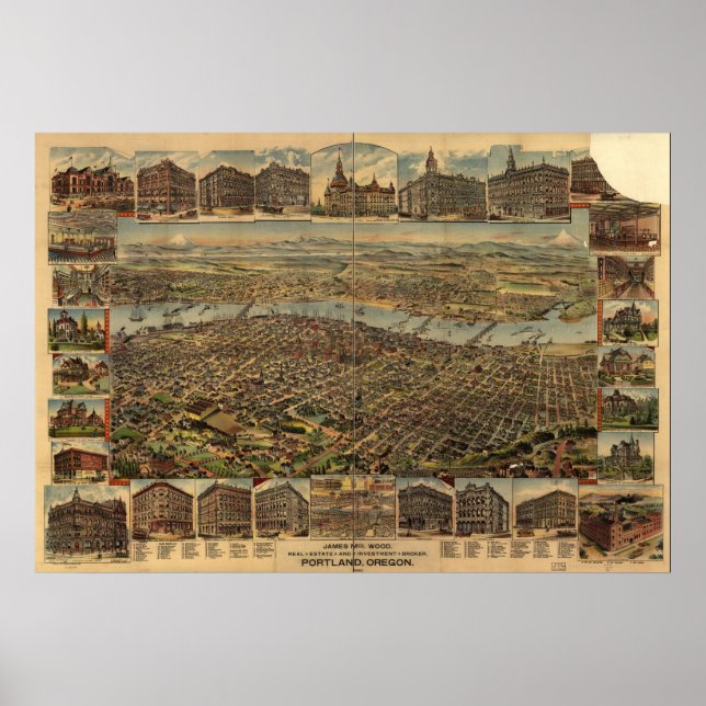 Karta i Portland, Birds-Öga View, 1890 Poster (Framsidan)