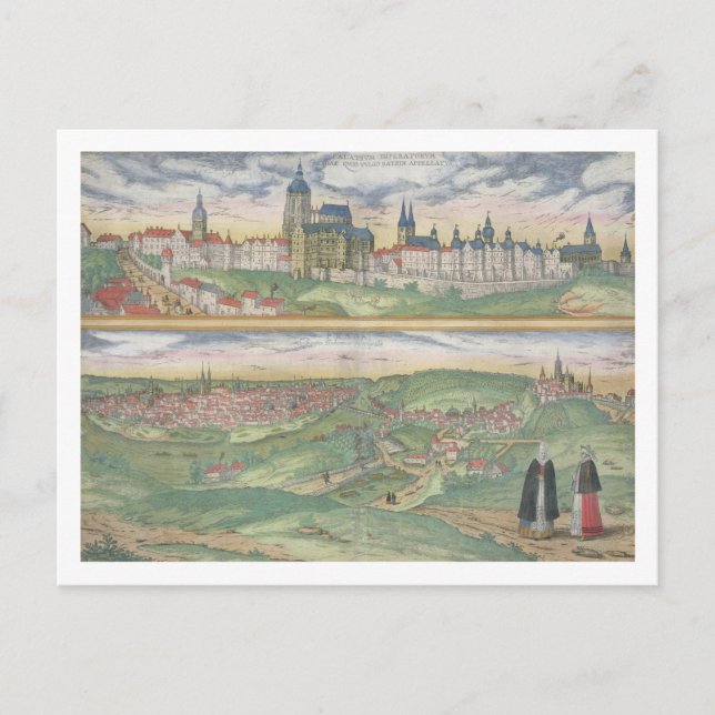 Karta i Prag från "Civitates Orbis Terrarum" av Vykort (Framsida)
