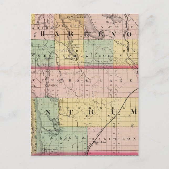 Karta i regionerna Charlevoix och Antrim, Michigan Vykort (Framsida)