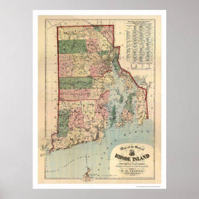 Karta i Rhode island och provisionsprojekt 1880 Poster (Framsidan)