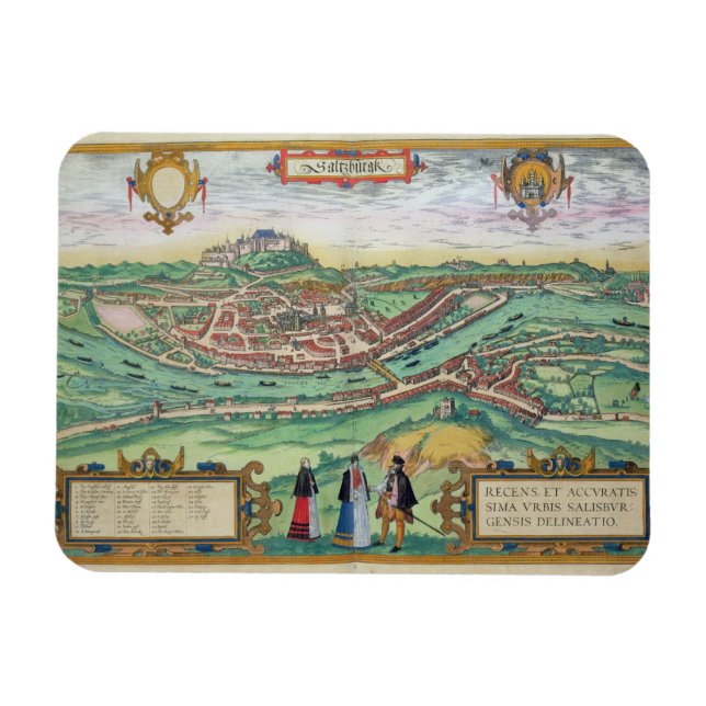 Karta i Salzburg från Civitates Orbis Terrarum b Magnet (Horisontell)