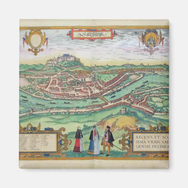 Karta i Salzburg från Civitates Orbis Terrarum b Magnet (Framsidan)
