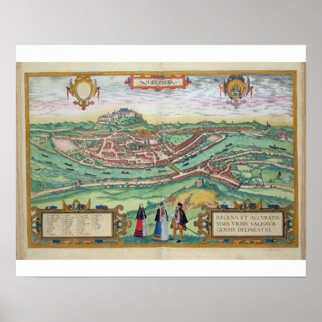 Karta i Salzburg från Civitates Orbis Terrarum b Poster (Framsidan)