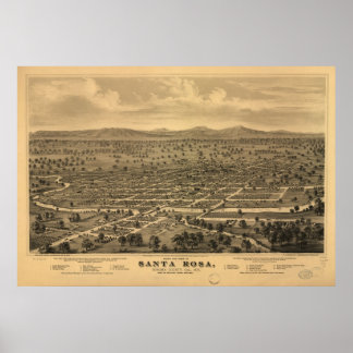 Karta i Santa Rosa, Birds-Öga View, 1876 Poster