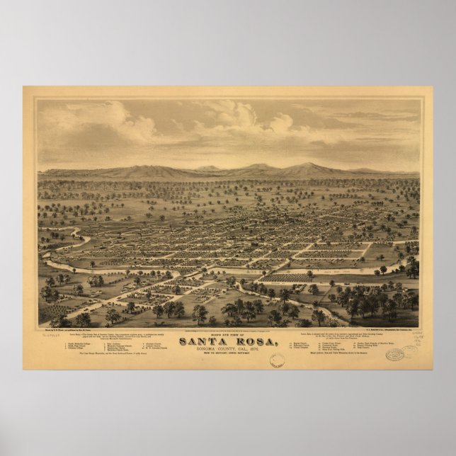 Karta i Santa Rosa, Birds-Öga View, 1876 Poster (Framsidan)