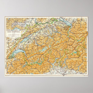 Karta i Schweiz Publicerad 1913 Baedeker Poster