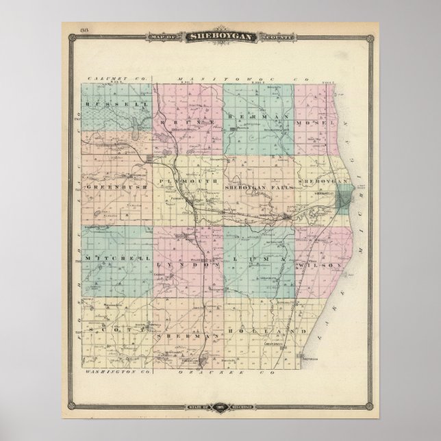 Karta i Sheboygan County, delstaten Wisconsin Poster (Framsidan)