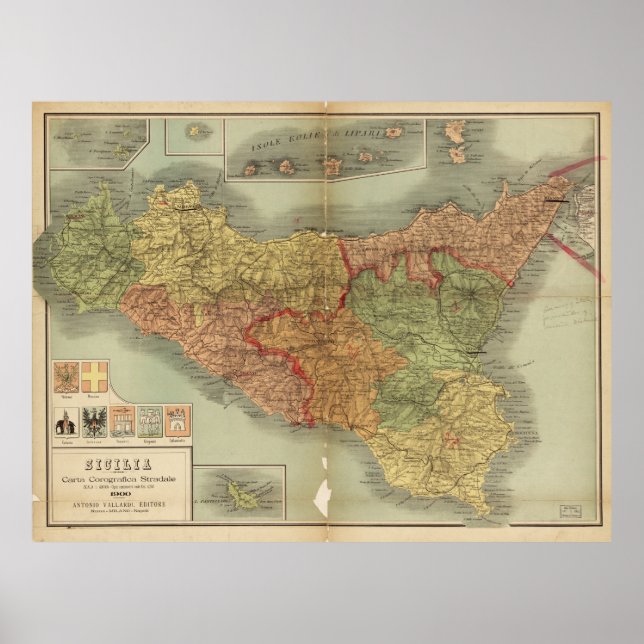 Karta i Sicilien från 1900 (Sicilia carta) Poster (Framsidan)