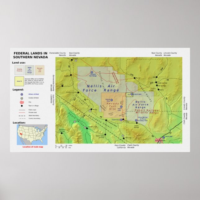 Karta i södra Nevada Federal Land kallad Area 51 Poster (Framsidan)