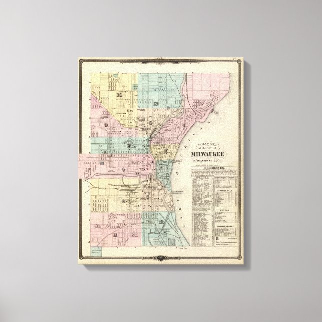 Karta i staden Milwaukee, Milwaukee Co Canvastryck (Framsida)