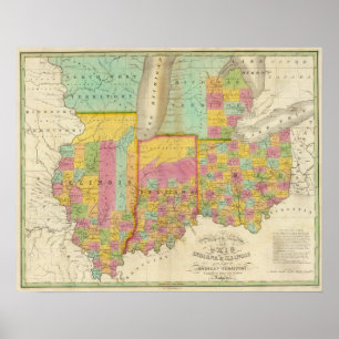 Karta i Stater Ohio Indiana & Illinois Poster