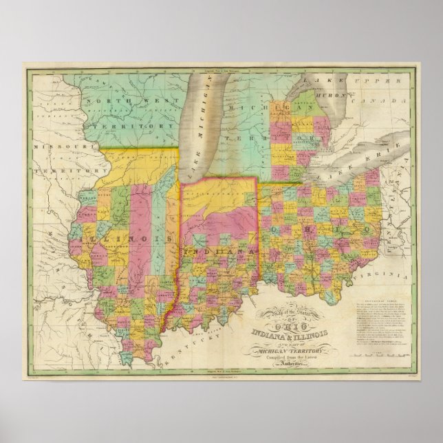 Karta i Stater Ohio Indiana & Illinois Poster (Framsidan)