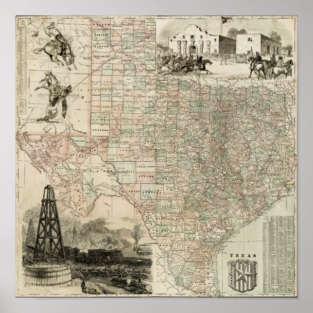 Karta i Texas med County Gräns Poster (Framsidan)