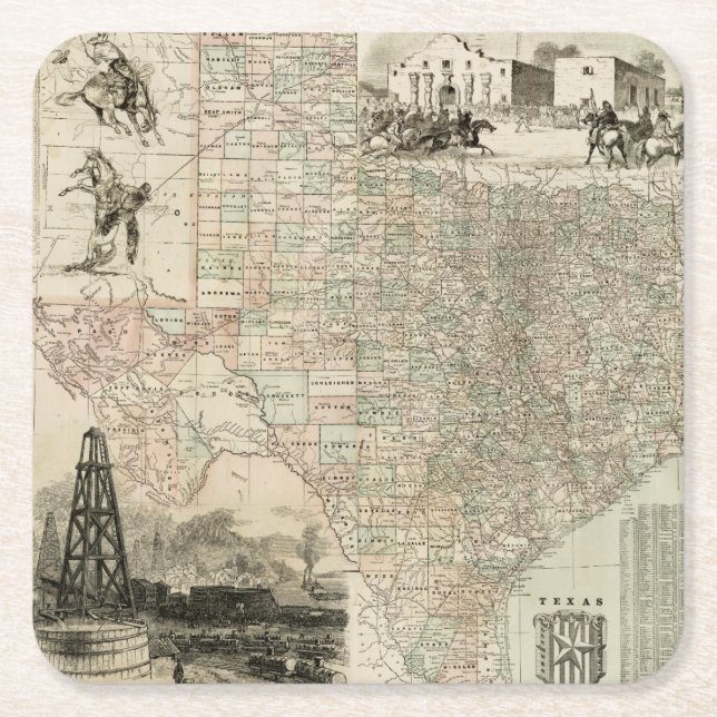 Karta i Texas med County Gräns Underlägg Papper Kvadrat (Framsidan)