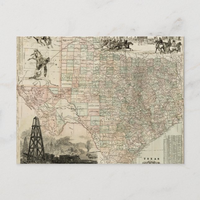 Karta i Texas med County Gräns Vykort (Framsida)