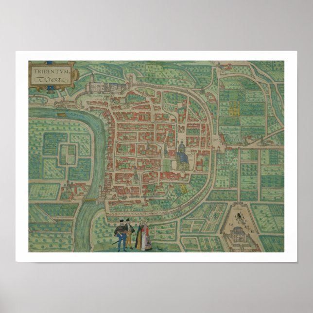 Karta i Trento, från "Civitates Orbis Terrarum" av Poster (Framsidan)