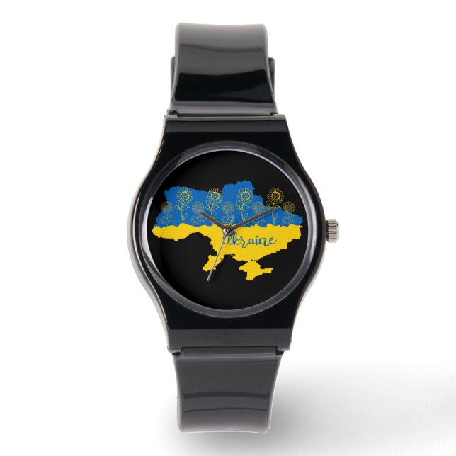 Karta i Ukraina med solros och ukrainsk flagga Armbandsur (Framsida)