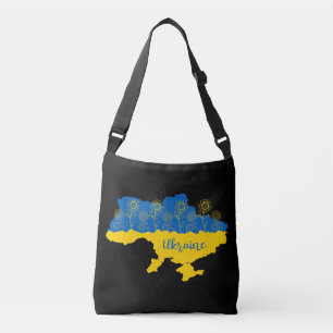 Karta i Ukraina med solros och ukrainsk flagga Axelväska