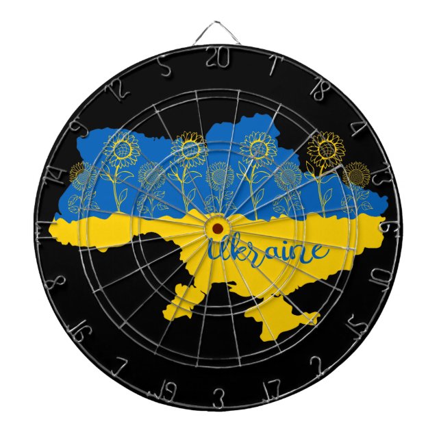 Karta i Ukraina med solros och ukrainsk flagga Darttavla (Framsidan)