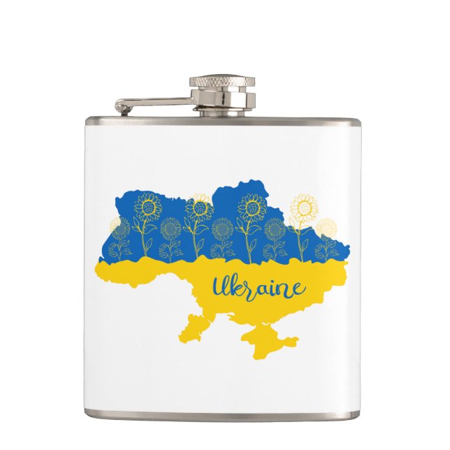 Karta i Ukraina med solros och ukrainsk flagga Fickplunta (Framsidan)