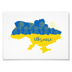 Karta i Ukraina med solros och ukrainsk flagga Fototryck