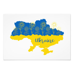 Karta i Ukraina med solros och ukrainsk flagga Fototryck