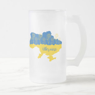 Karta i Ukraina med solros och ukrainsk flagga Frostat Ölglas