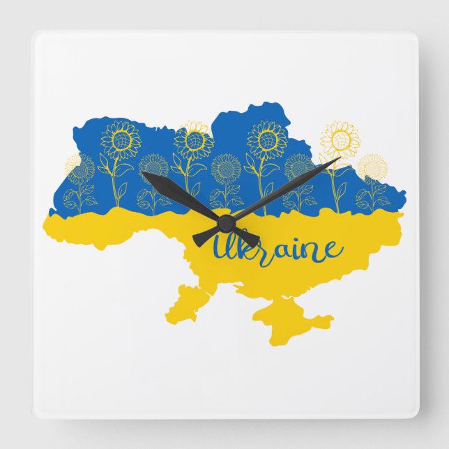 Karta i Ukraina med solros och ukrainsk flagga Fyrkantig Klocka (Framsida)