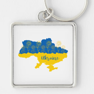 Karta i Ukraina med solros och ukrainsk flagga Fyrkantig Silverfärgad Nyckelring