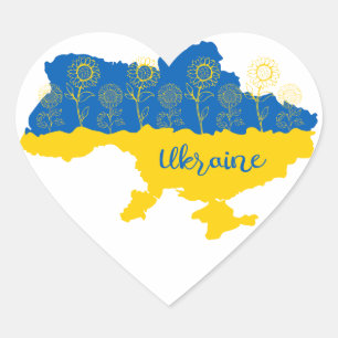 Karta i Ukraina med solros och ukrainsk flagga Hjärtformat Klistermärke