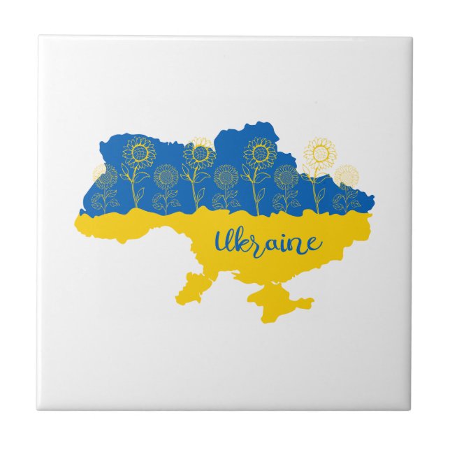 Karta i Ukraina med solros och ukrainsk flagga Kakelplatta (Framsidan)
