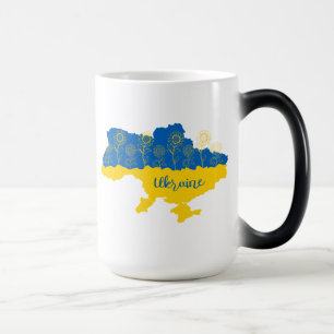 Karta i Ukraina med solros och ukrainsk flagga Magisk Mugg