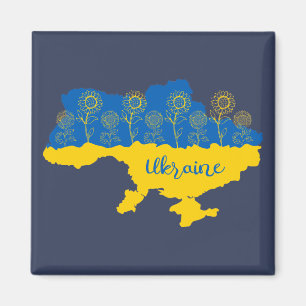 Karta i Ukraina med solros och ukrainsk flagga Magnet