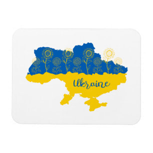 Karta i Ukraina med solros och ukrainsk flagga Magnet