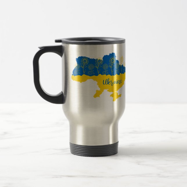 Karta i Ukraina med solros och ukrainsk flagga Resemugg (Vänster)