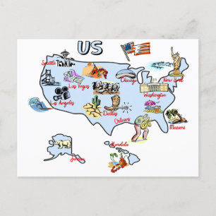 karta i USA, attraktion, landmärken, storstäder Vykort