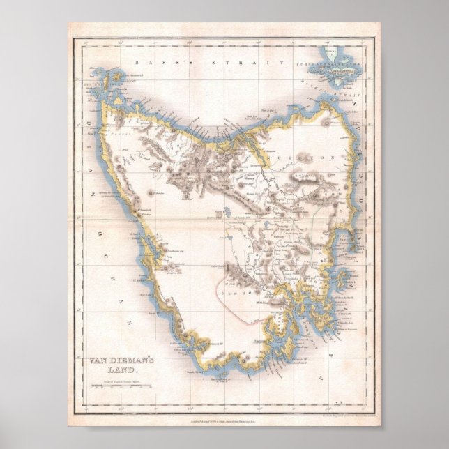 Karta i Van Dieman's Land eller Tasmania Poster (Framsidan)