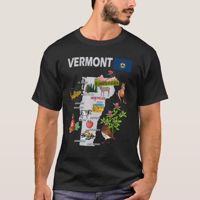 Karta i Vermont State Landmarks Major Cities FLA T Shirt (Framsida)